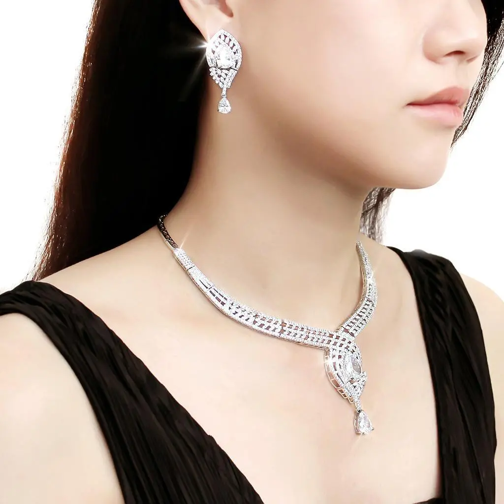 3W1415 - Rhodium Brass Jewelry Sets with AAA Grade CZ  in Clear